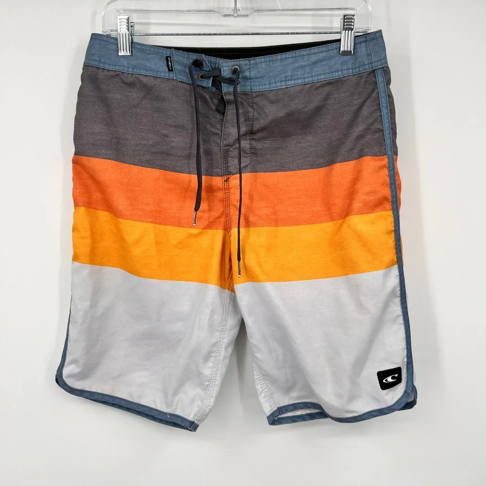 ONeill Mens Board Shorts Sz 29 Sunset Stripe Colorblock Swim Trunks Orange Gray